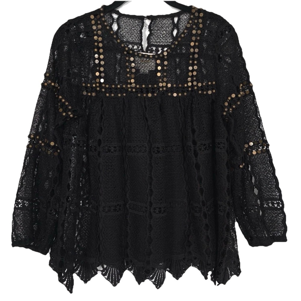 Anthropologie Maeve Top Size XS Auralis Black Lace Eyelet Studded Beaded Sheer